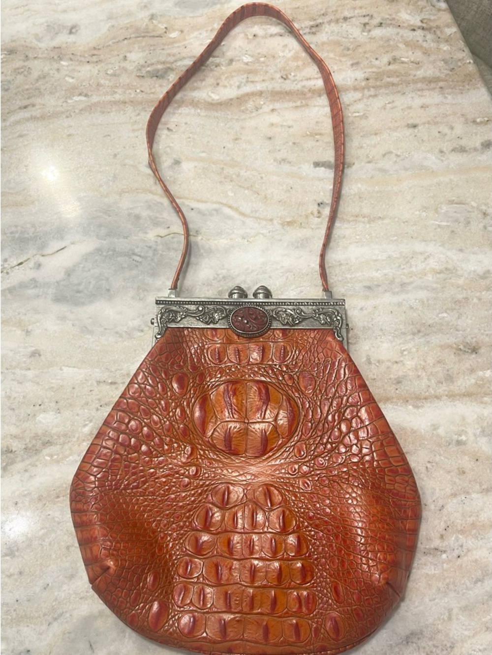 Vintage-Inspired Croc Embossed Leather Shoulder Bag in Brown